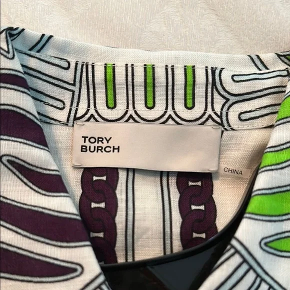 Tory Burch Printed Linen Camp Shirt – Ivory Zebra Scarf (Size Small) | NEW - Picture 7 of 8